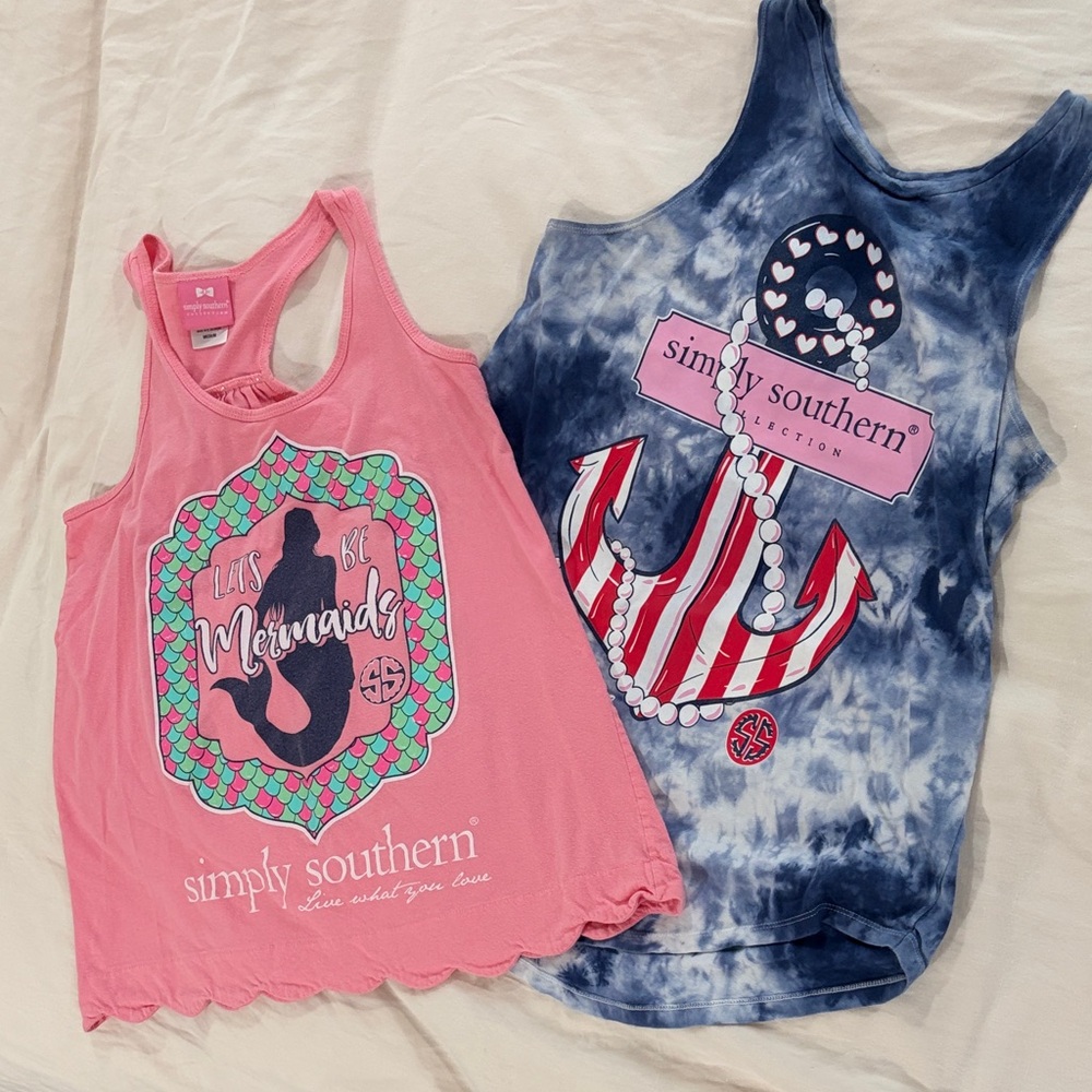 Simply Southern Pink Mermaid & Blue Tie-Dye Anchor Tank Tops